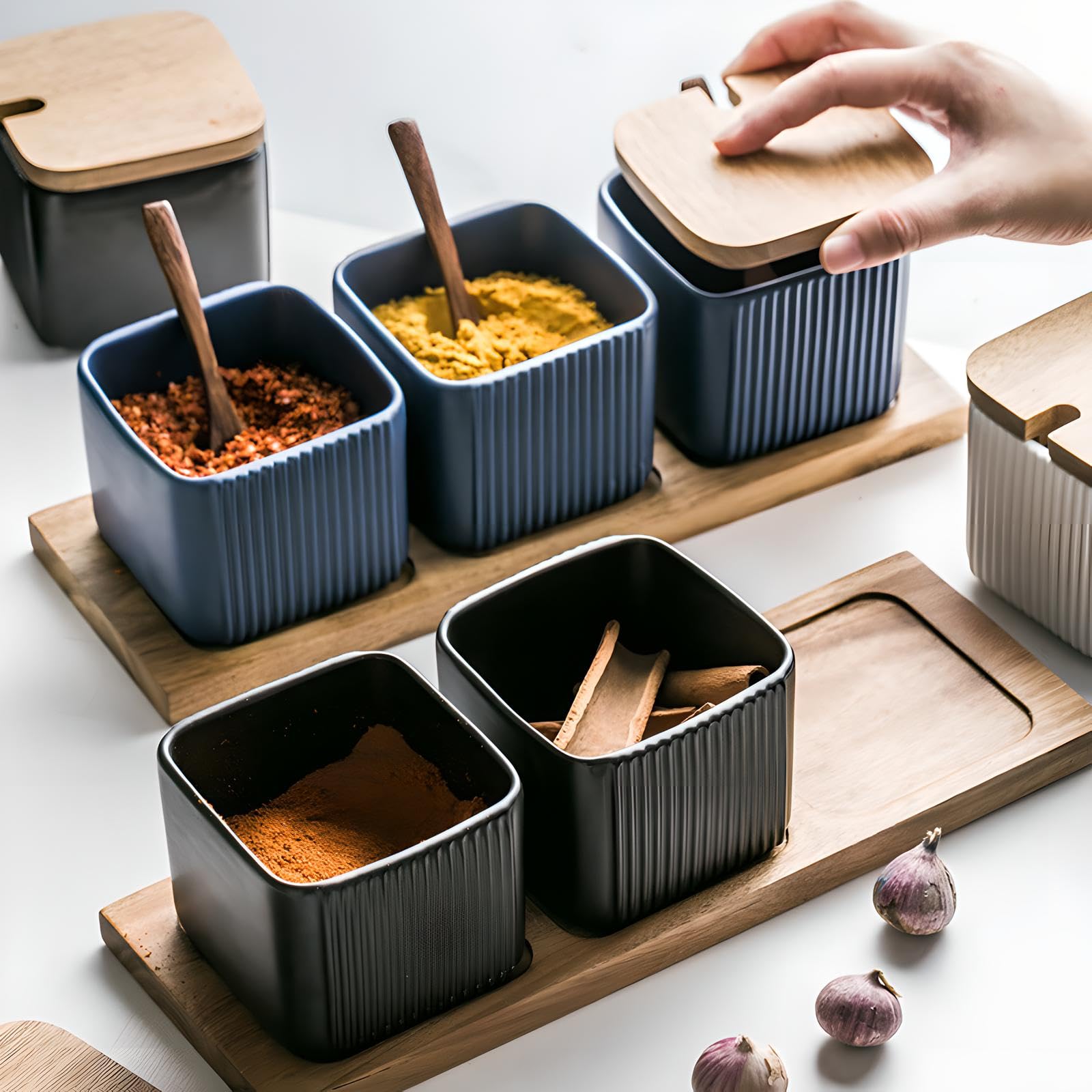 Ceramic Spice Jar Set with Lids, Spoons, and Storage Rack