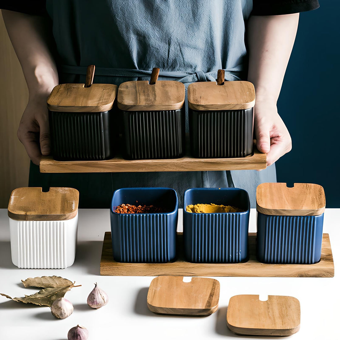 Ceramic Spice Jar Set with Lids, Spoons, and Storage Rack