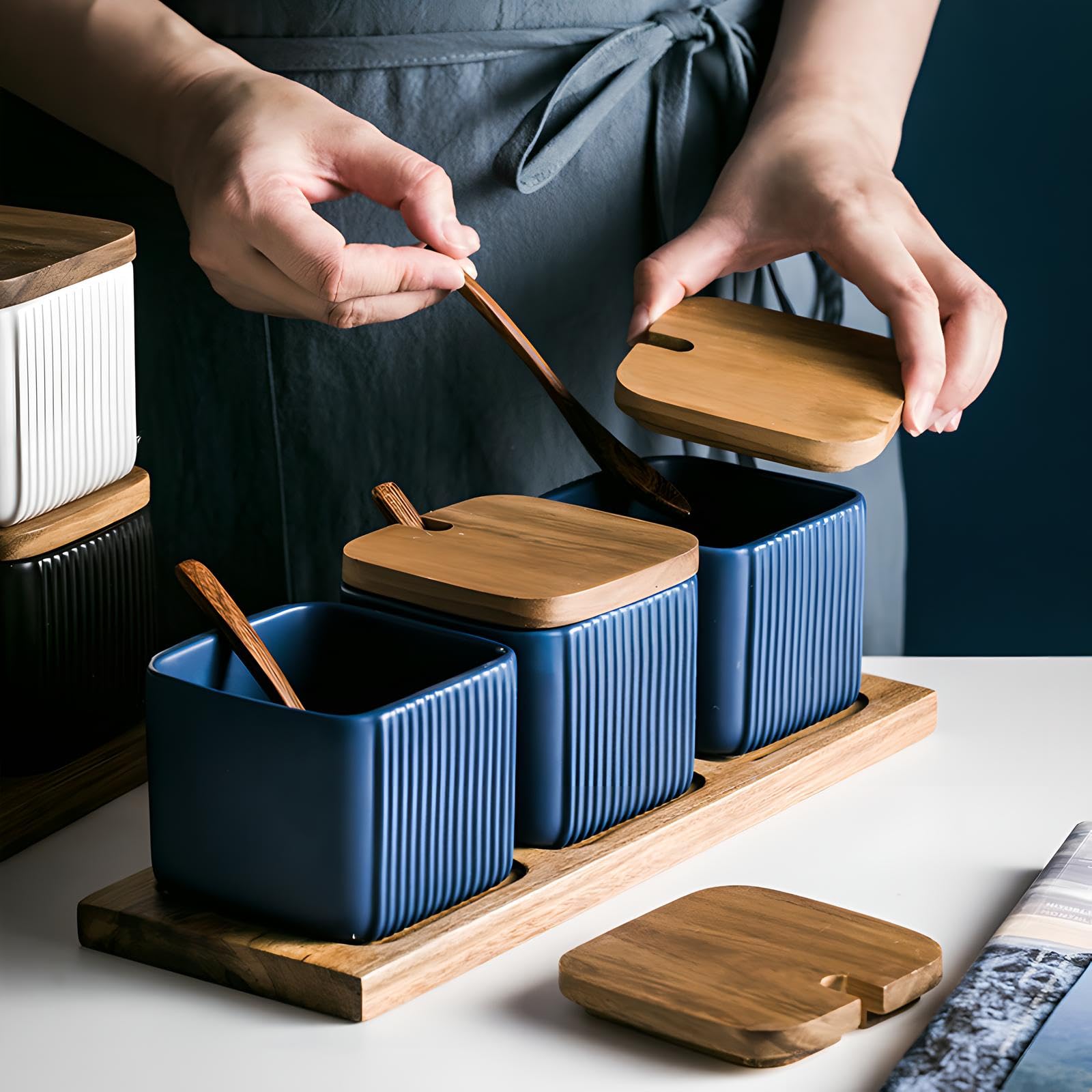 Ceramic Spice Jar Set with Lids, Spoons, and Storage Rack
