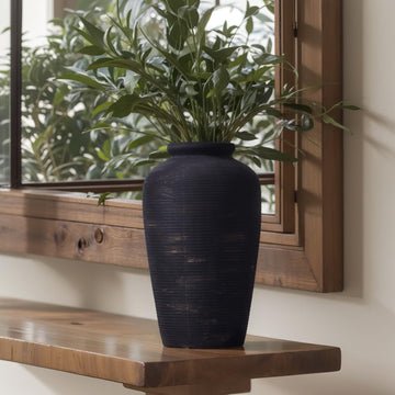 10.6-Inch Vintage Ribbed Ceramic Vase with Weathered Matte Finish