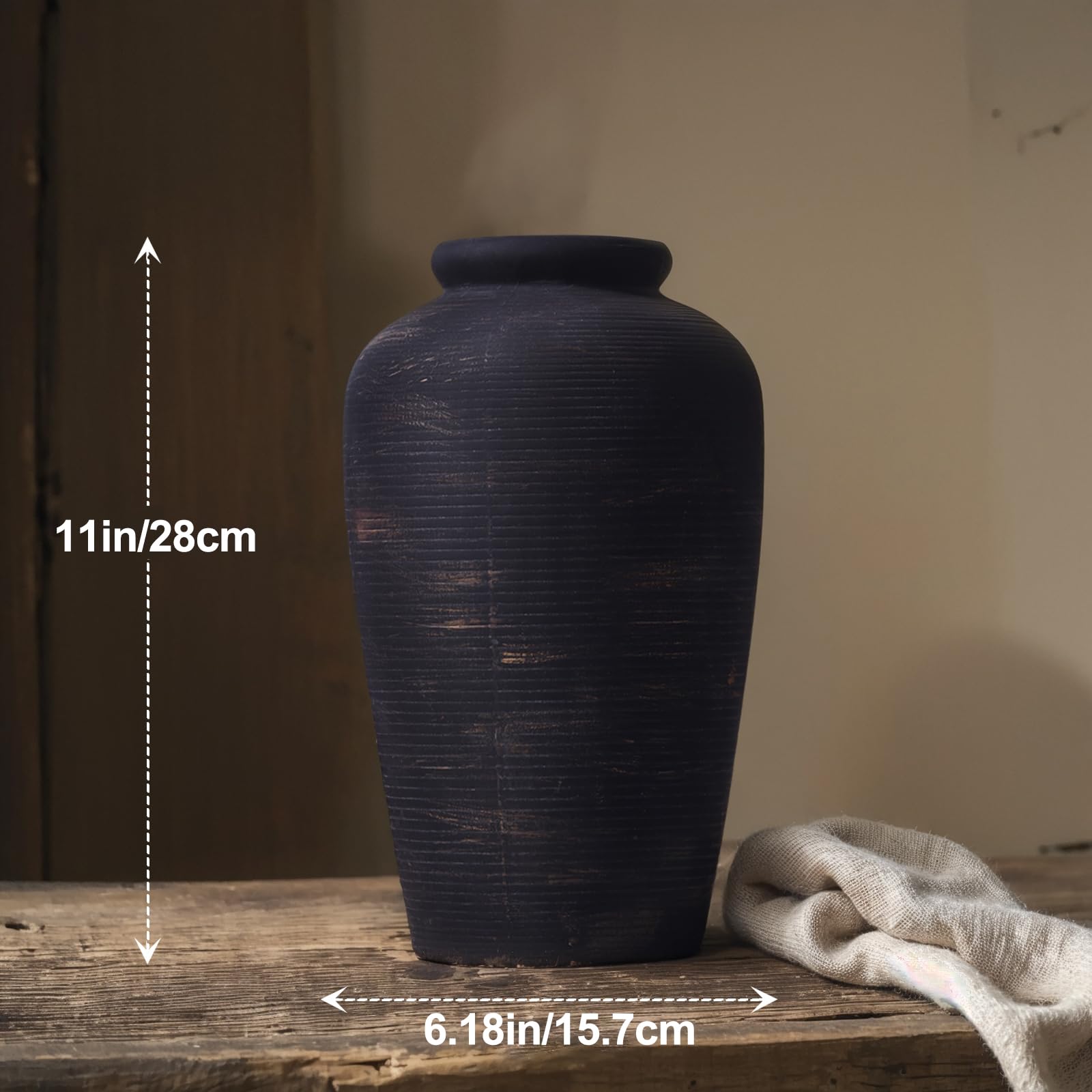 10.6-Inch Vintage Ribbed Ceramic Vase with Weathered Matte Finish