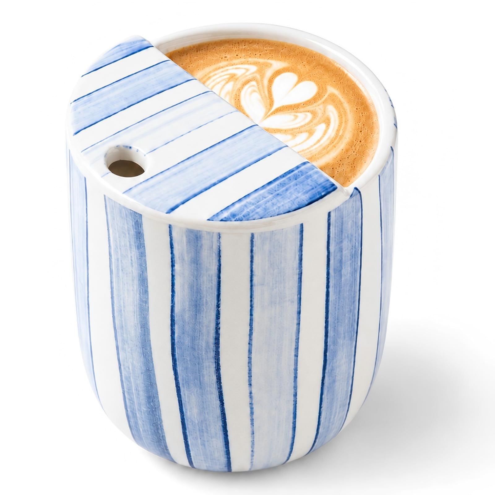 10-Ounce Light Blue Striped Ceramic Mug with Integrated Sip Lid