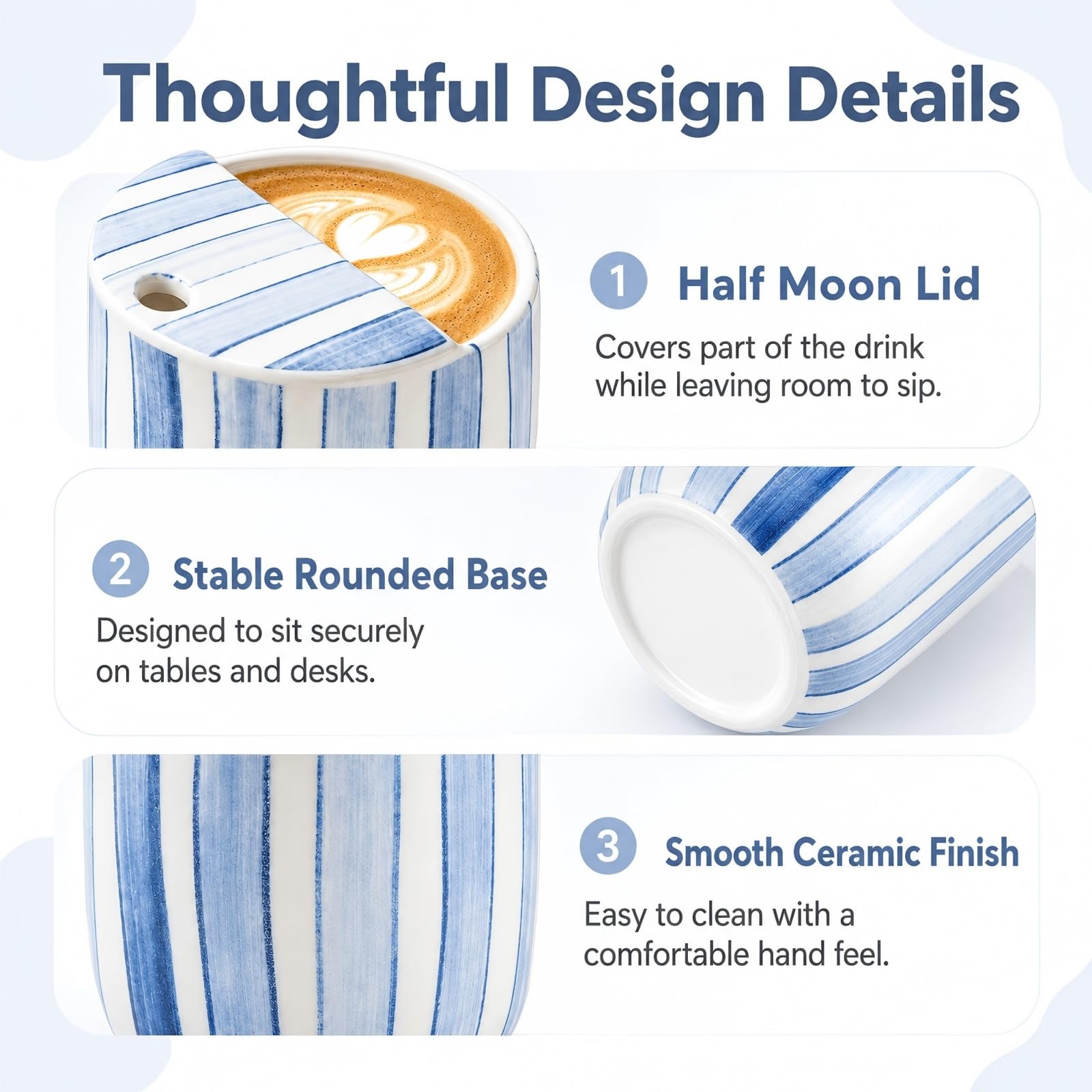 10-Ounce Light Blue Striped Ceramic Mug with Integrated Sip Lid
