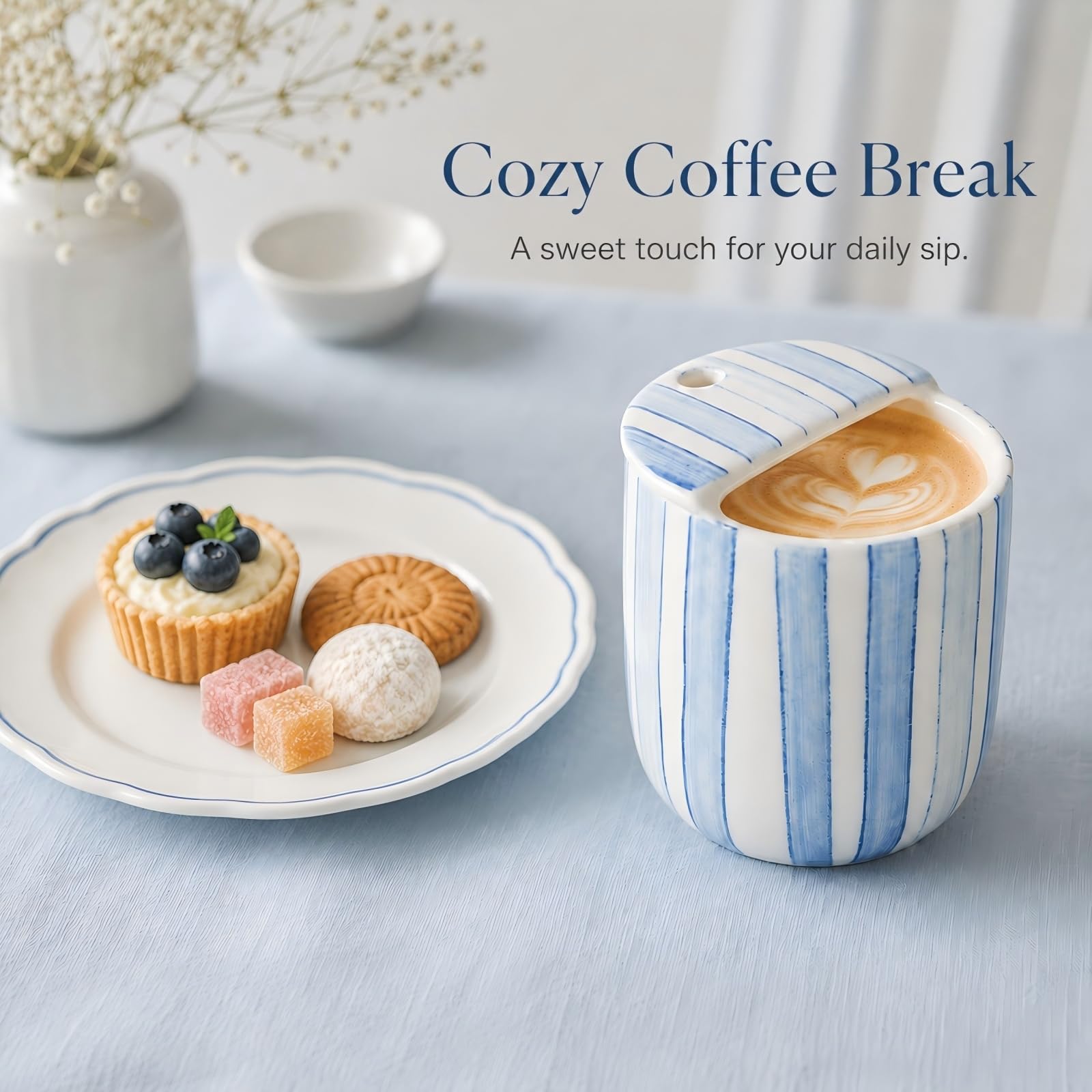10-Ounce Light Blue Striped Ceramic Mug with Integrated Sip Lid