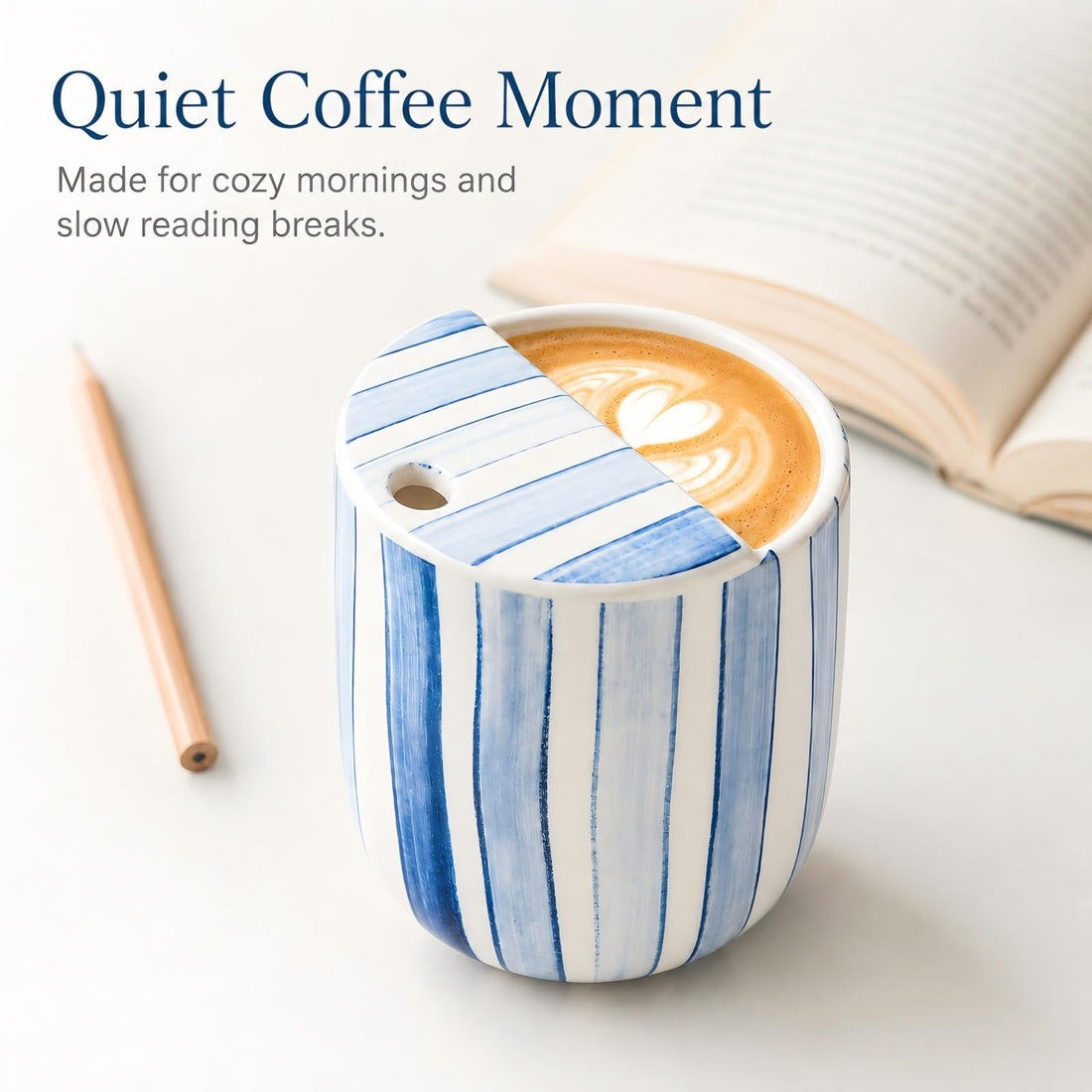 10-Ounce Light Blue Striped Ceramic Mug with Integrated Sip Lid