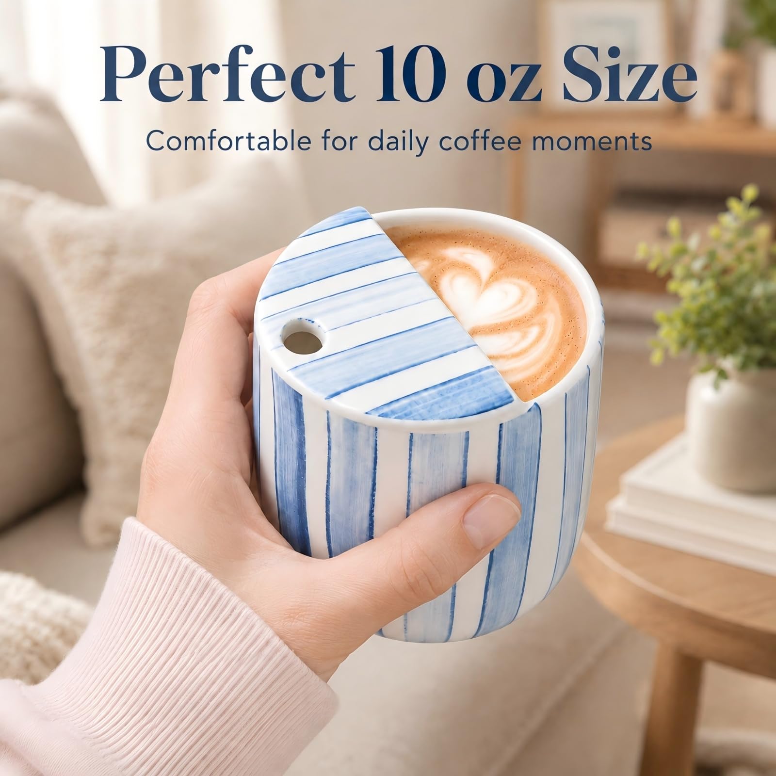 10-Ounce Light Blue Striped Ceramic Mug with Integrated Sip Lid
