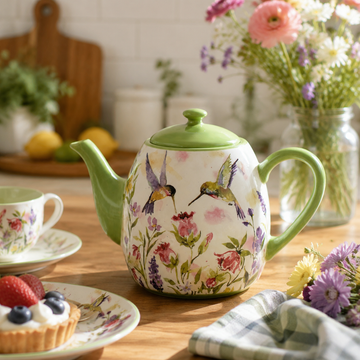 40-Ounce Hummingbirds Watercolor Floral Ceramic Teapot
