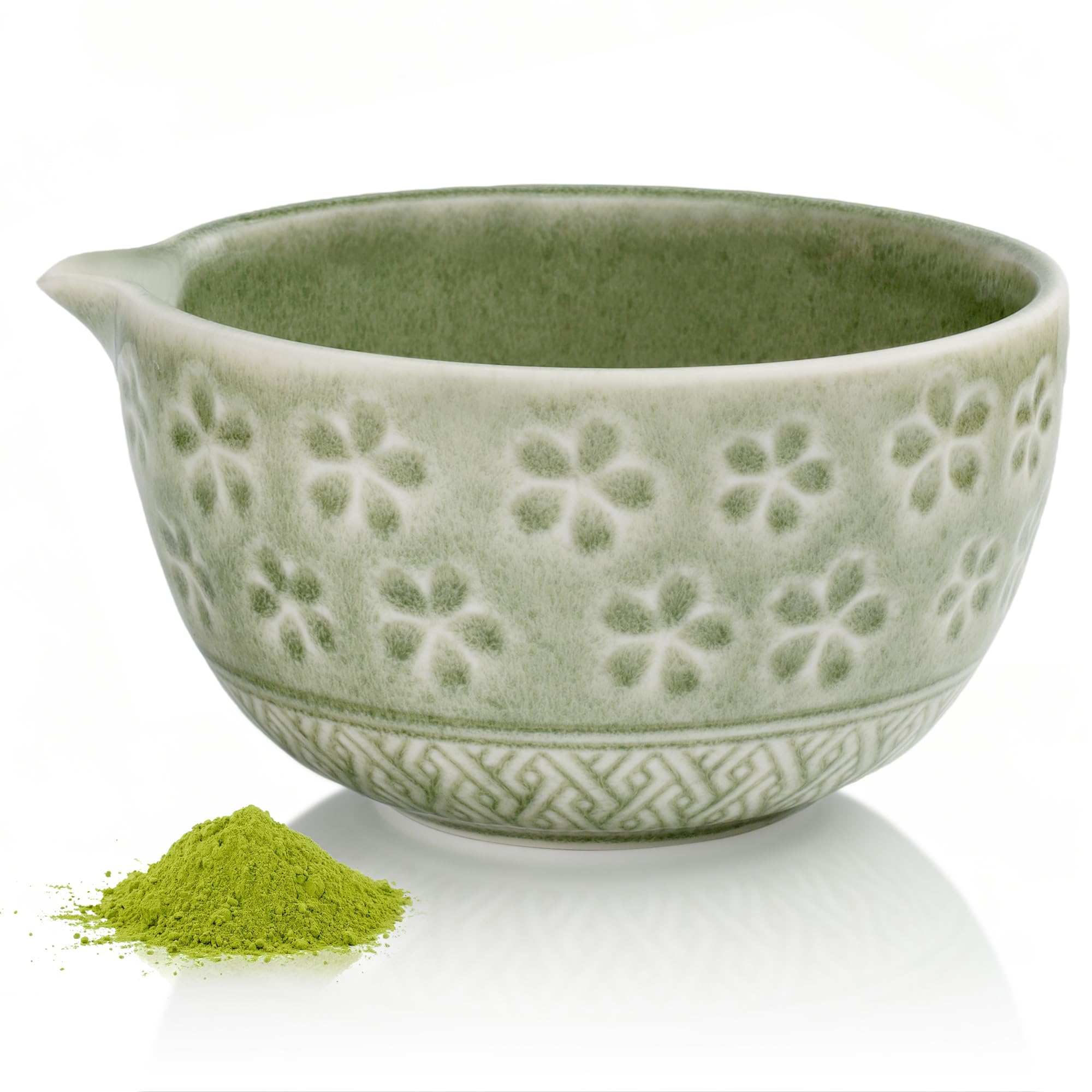 14oz Ceramic Matcha Bowl with Spout and Bamboo Whisk Stand