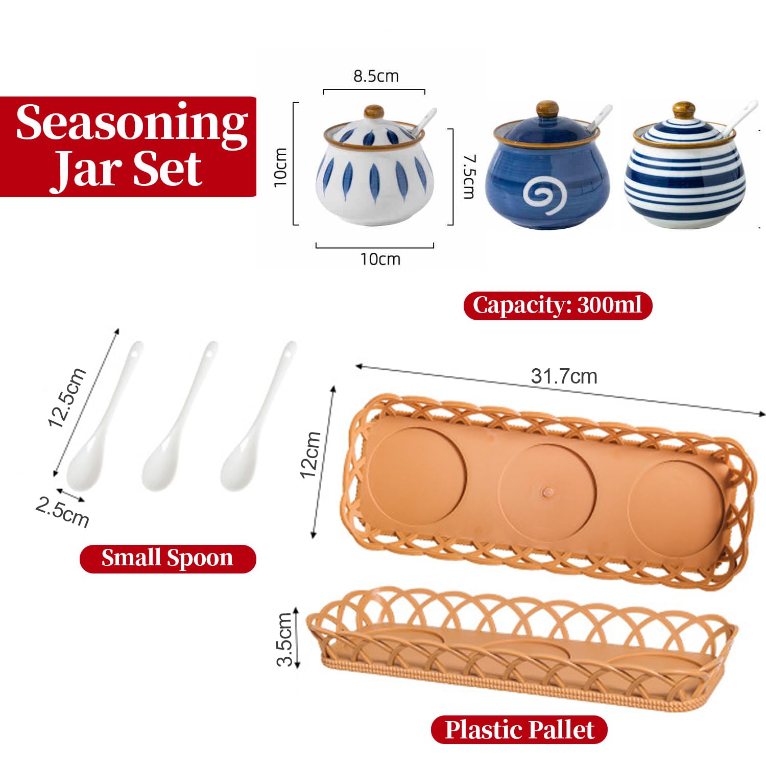 Japanese Style Ceramic Condiment Jar Set with Tray and Spoons
