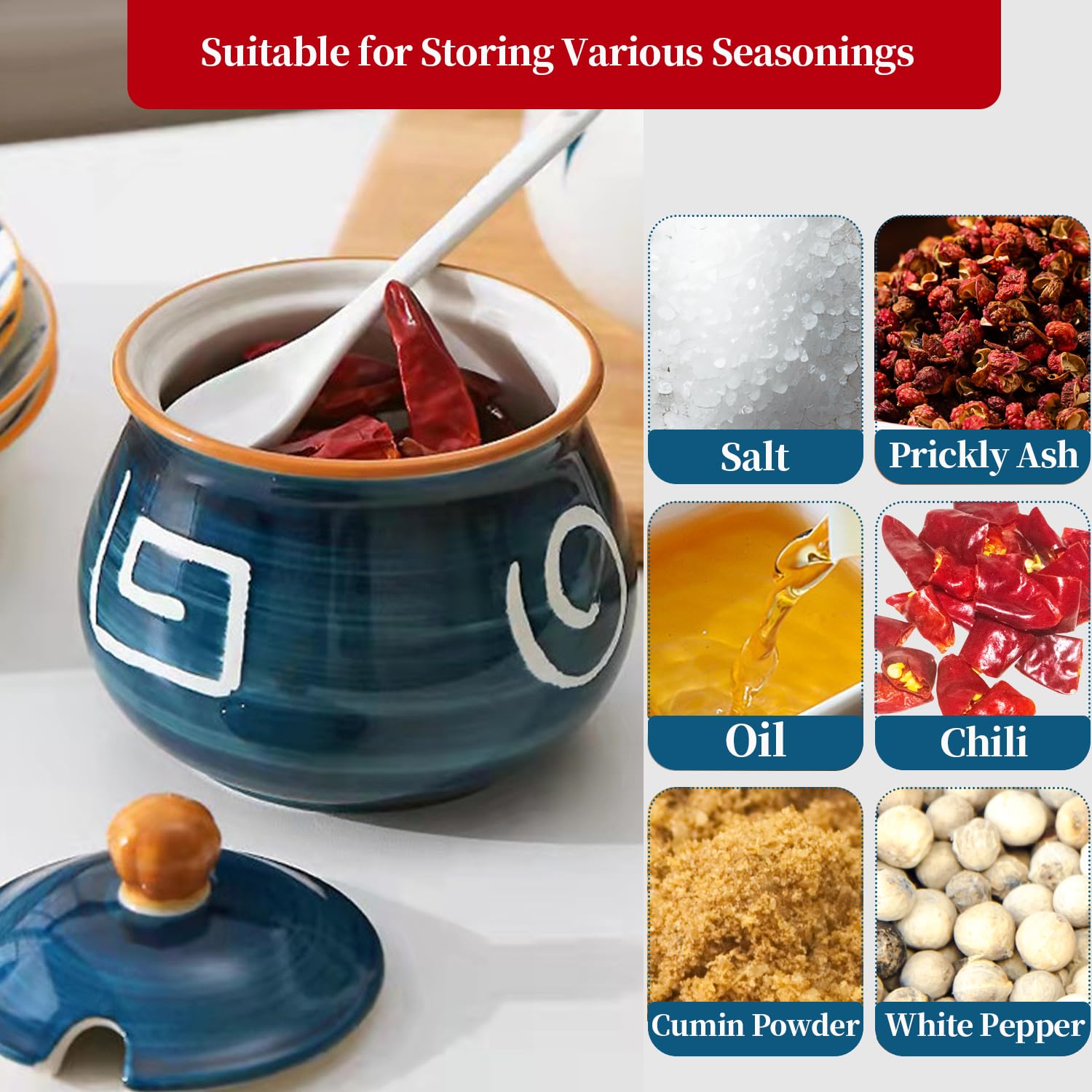 Japanese Style Ceramic Condiment Jar Set with Tray and Spoons