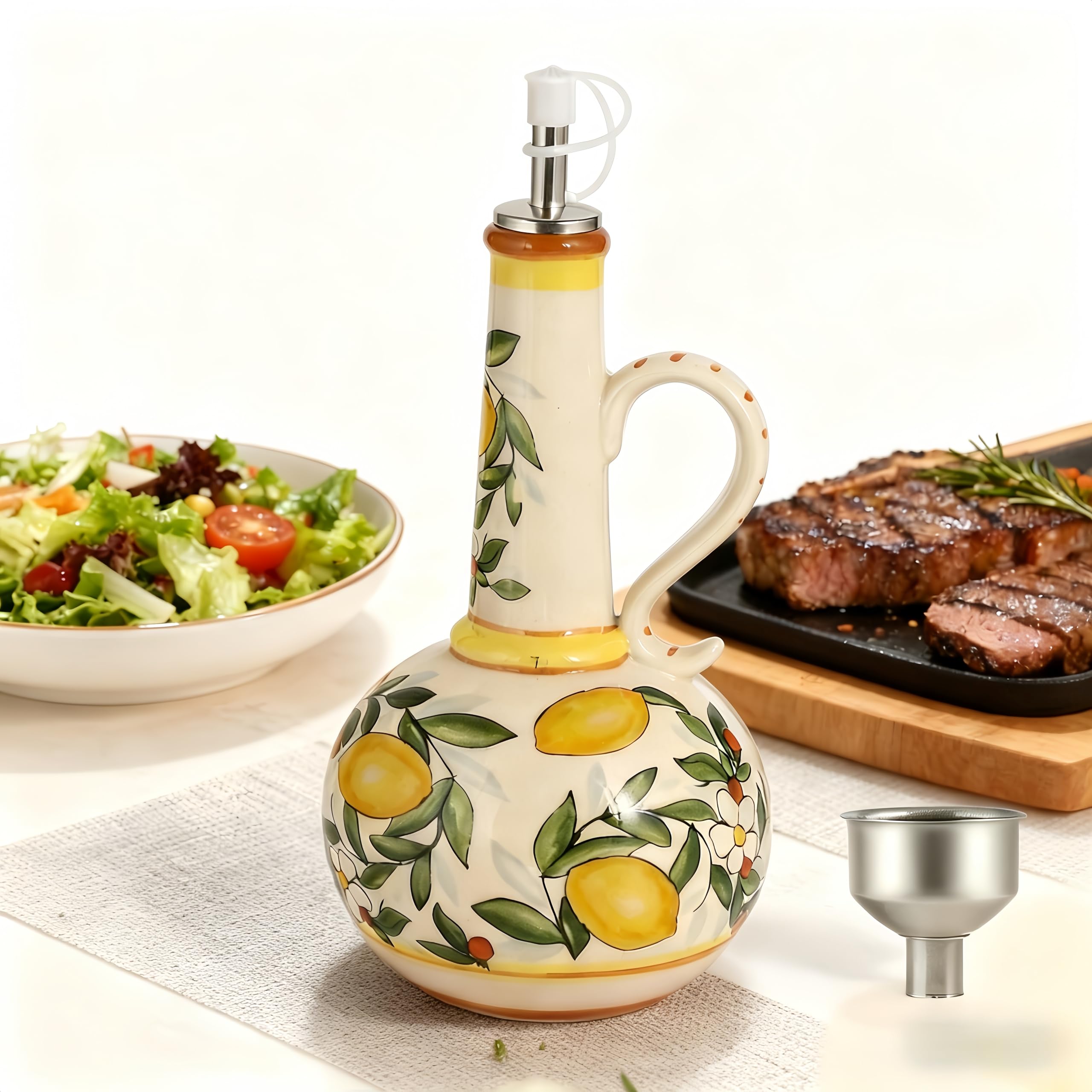 23-Ounce Hand-Painted Ceramic Olive Oil Dispenser with Stainless Steel Spout
