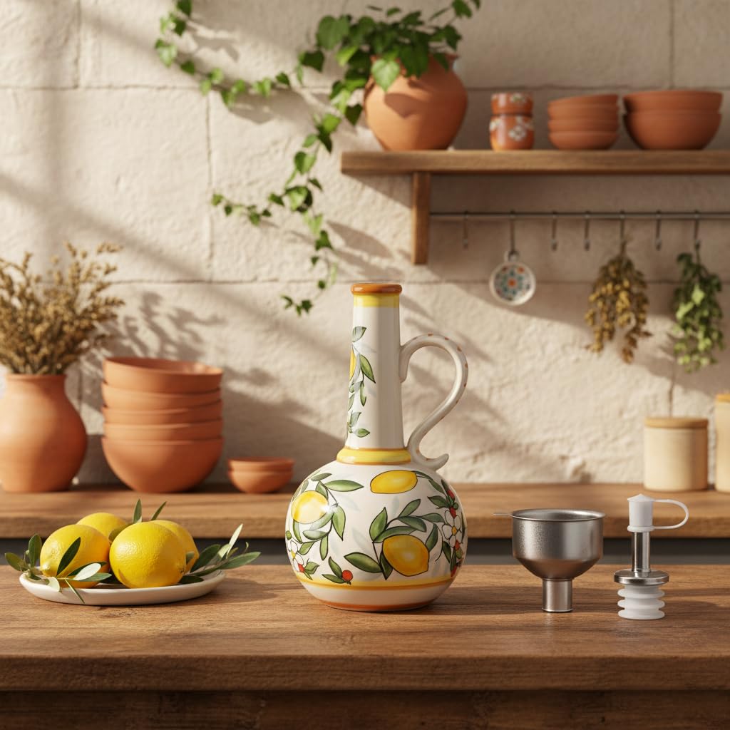 23-Ounce Hand-Painted Ceramic Olive Oil Dispenser with Stainless Steel Spout