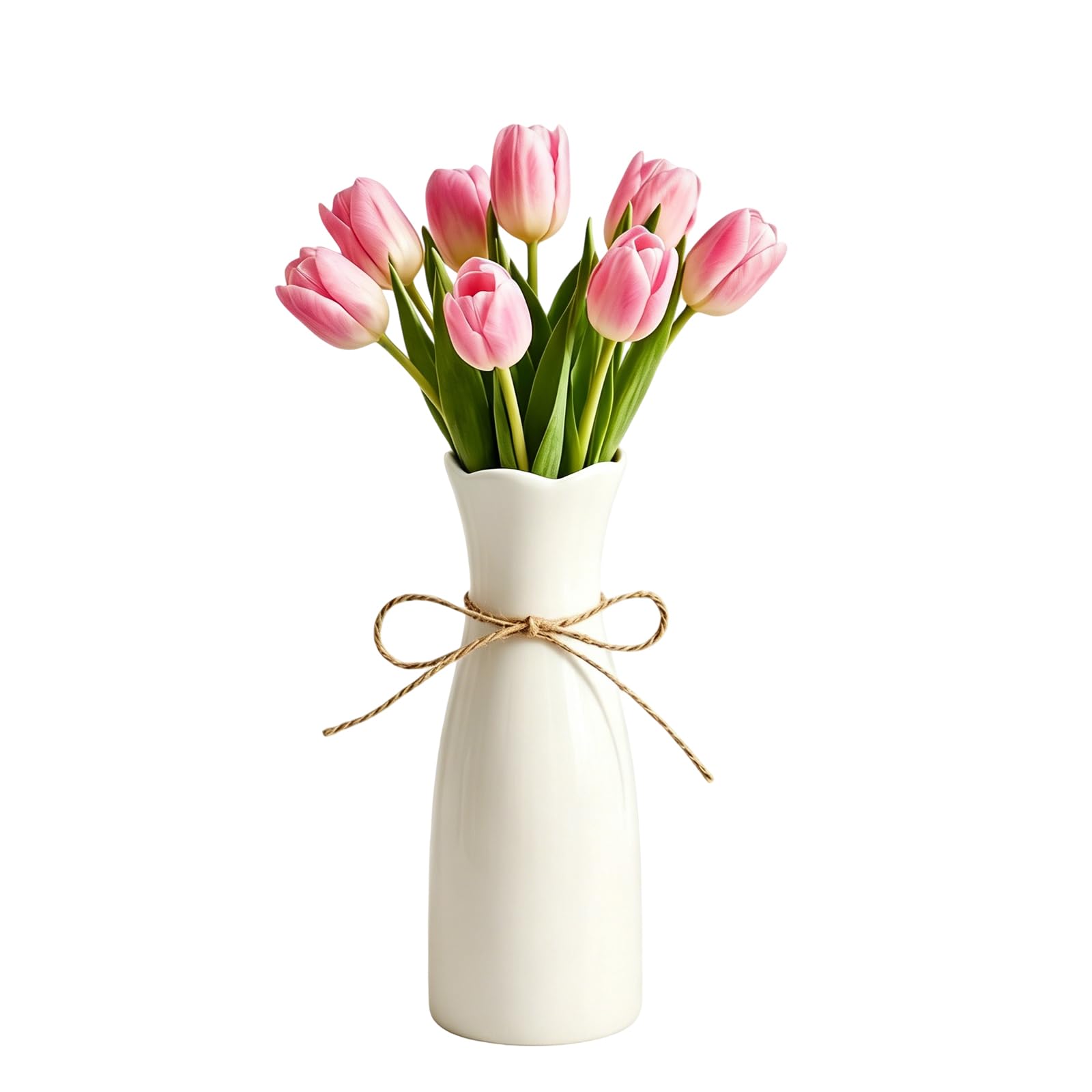 8.27-Inch White Ceramic Vase with Jute Rope and Scalloped Edge