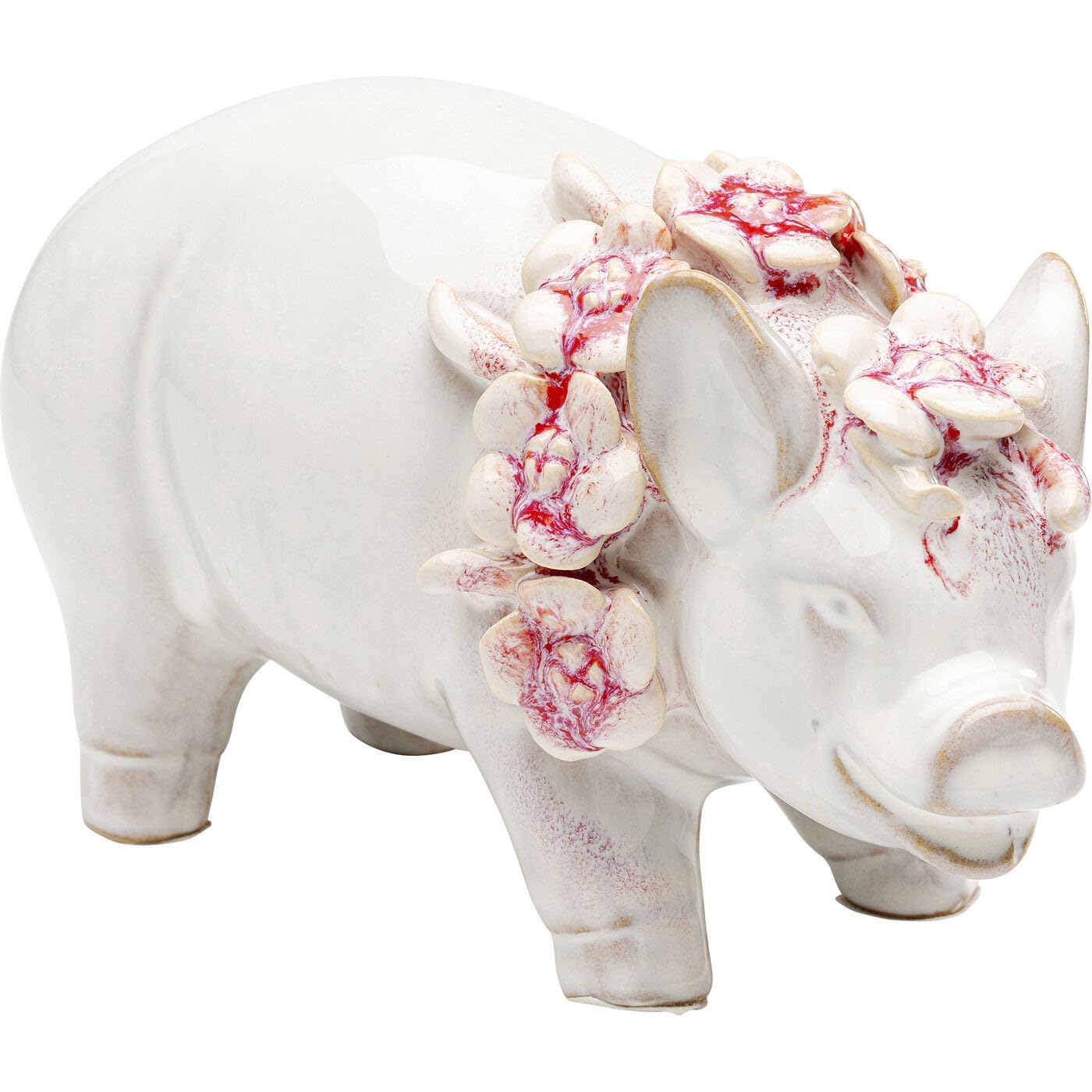Hawaii Pig Ceramic Figurine, White and Pink with Flower Chain