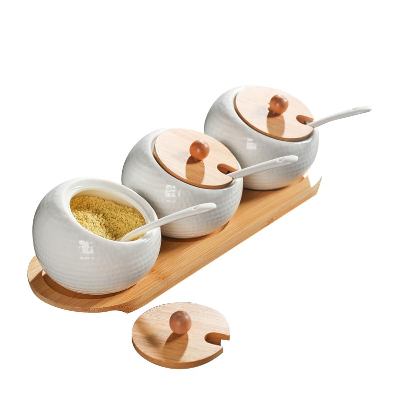 Ceramic Spice Jar Set with Bamboo Lids, Tray, and Ceramic Spoons