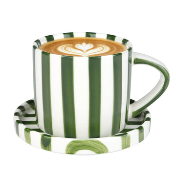 9-Ounce Hand-Painted Green Striped Espresso Cup and Saucer Set