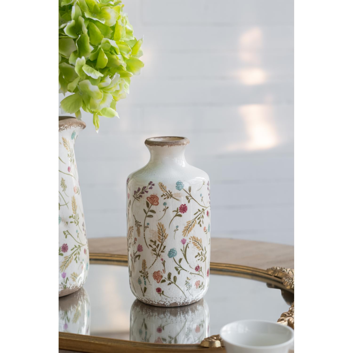 Ceramic Cylinder Vase with Multi-Colored Floral Motifs
