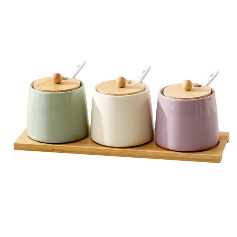 Ceramic Sugar, Salt, and Pepper Jar Set with Bamboo Tray and Spoons