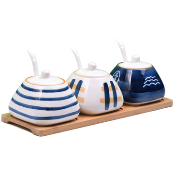 Ceramic Spice Jar Set with Bamboo Tray and Ceramic Spoons