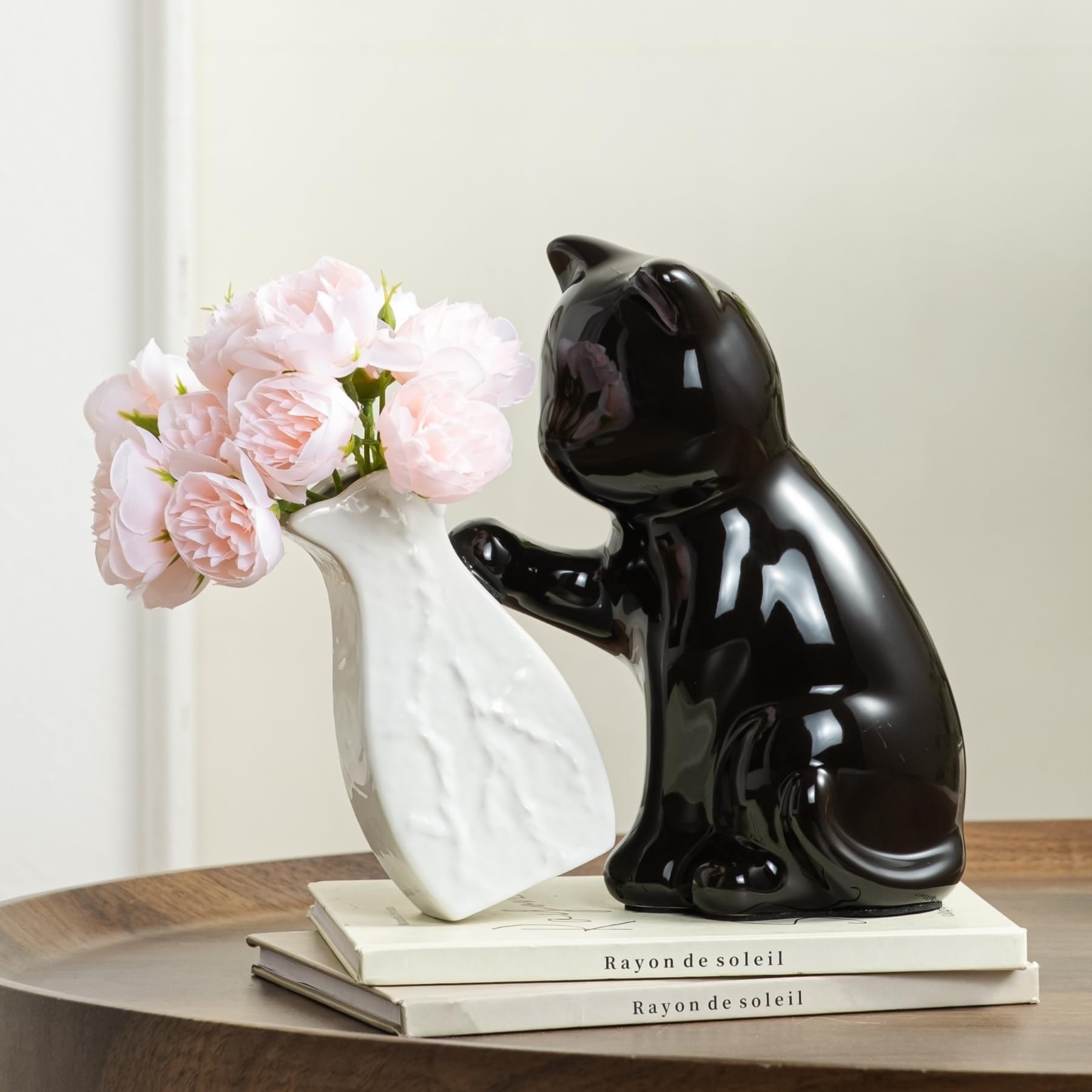 7.5-Inch Ceramic Cat Vase with Artificial Flowers