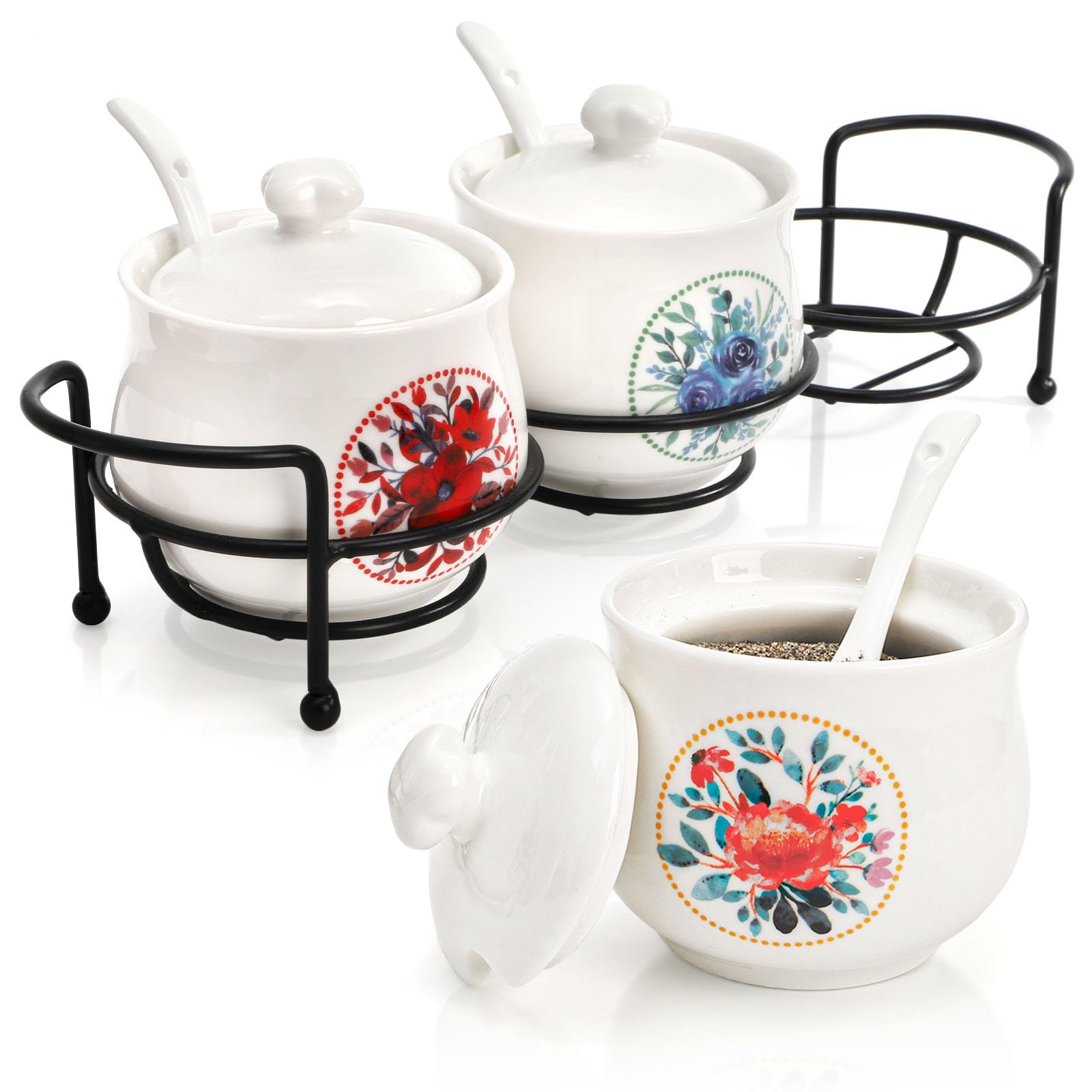7-Ounce Ceramic Condiment Jar Set with Vintage Floral Design and Iron Rack