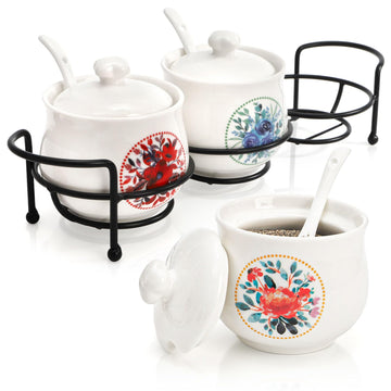 7-Ounce Ceramic Condiment Jar Set with Vintage Floral Design and Iron Rack