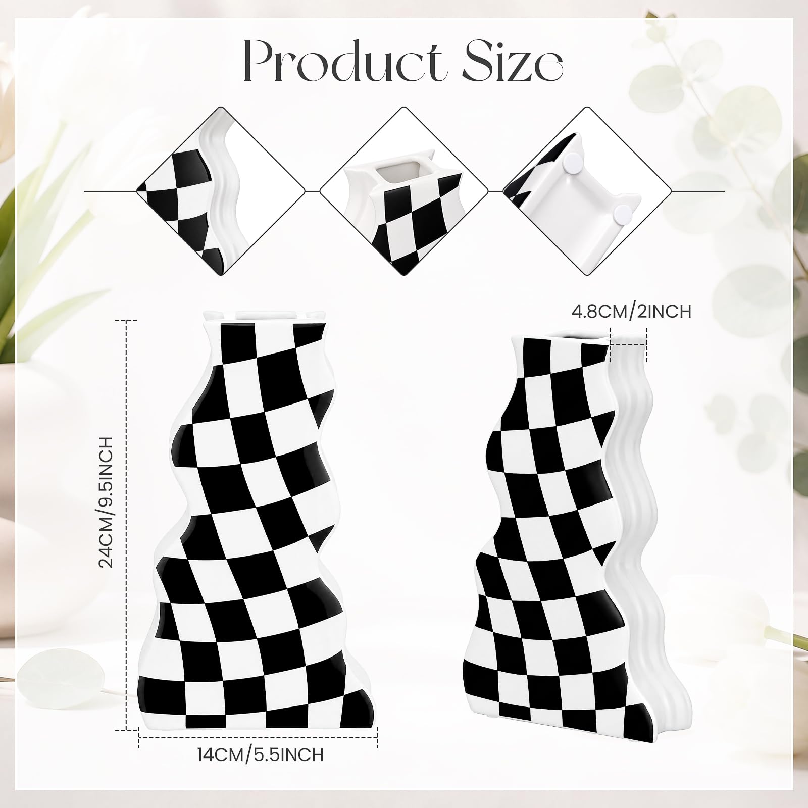 Black White Checkered Wavy Ceramic Decorative Vase for Wall or Tabletop