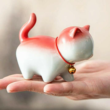 Ceramic Lucky Cat Tea Pet, Handmade Figurine for Tea Tray