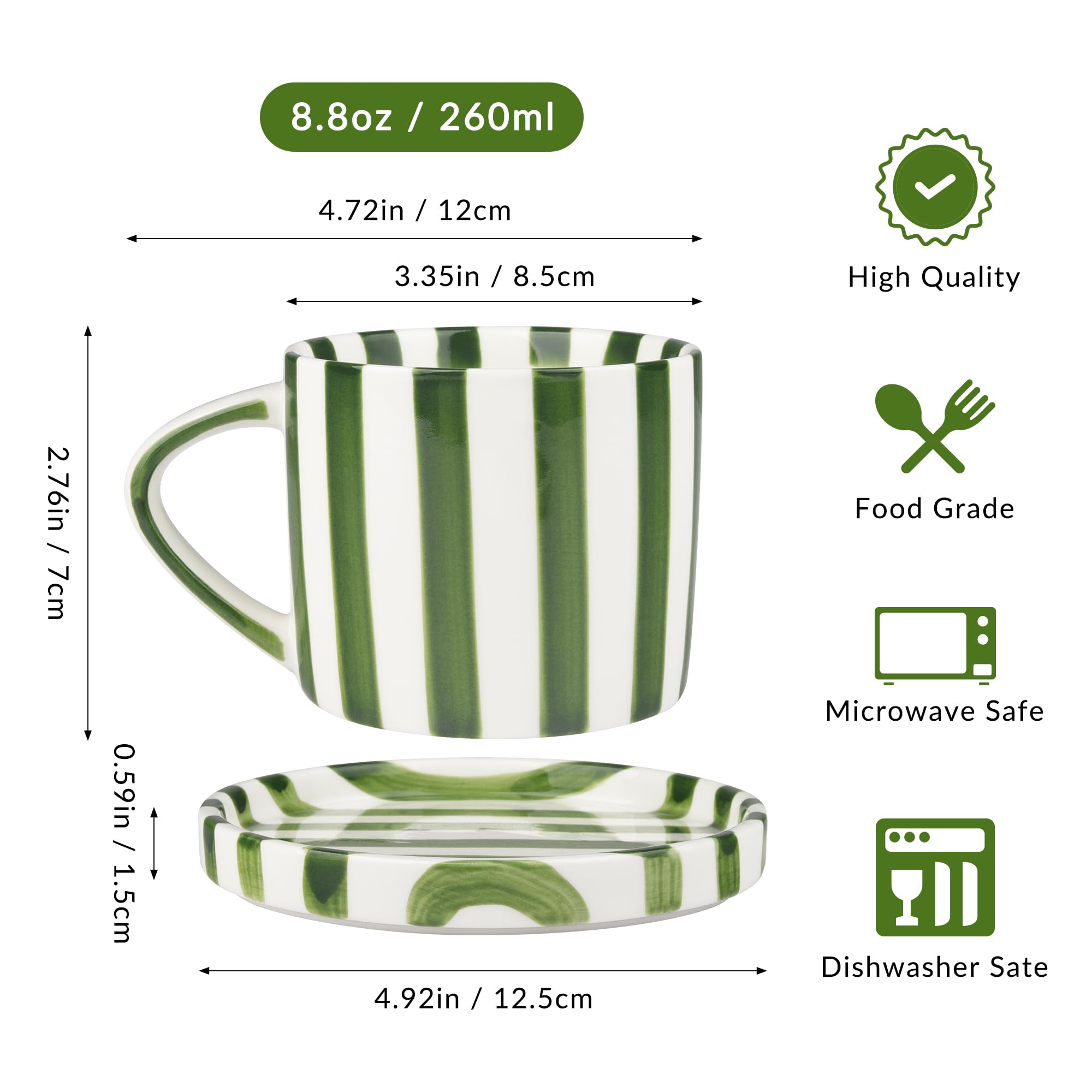 9-Ounce Hand-Painted Green Striped Espresso Cup and Saucer Set