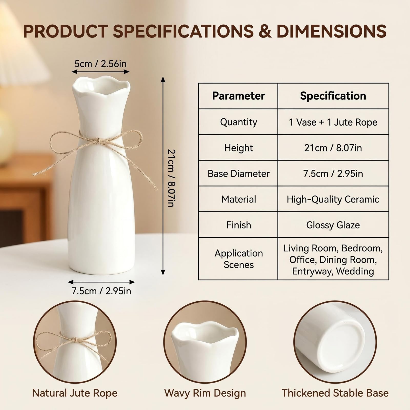 8.27-Inch White Ceramic Vase with Jute Rope and Scalloped Edge