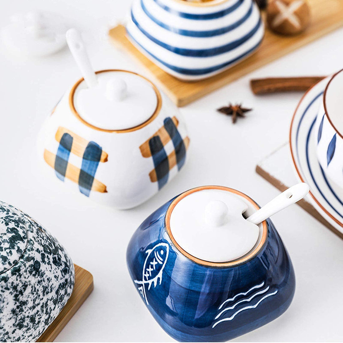 Ceramic Spice Jar Set with Bamboo Tray and Ceramic Spoons