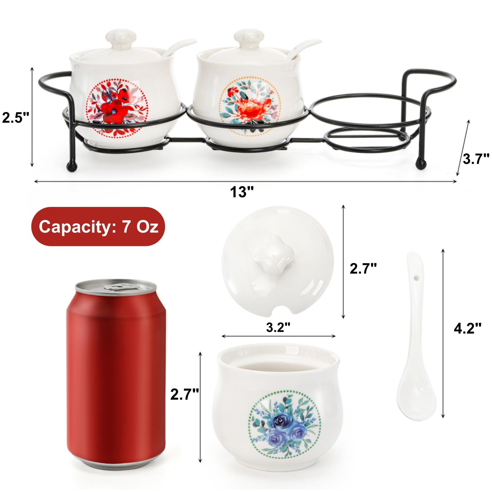 7-Ounce Ceramic Condiment Jar Set with Vintage Floral Design and Iron Rack