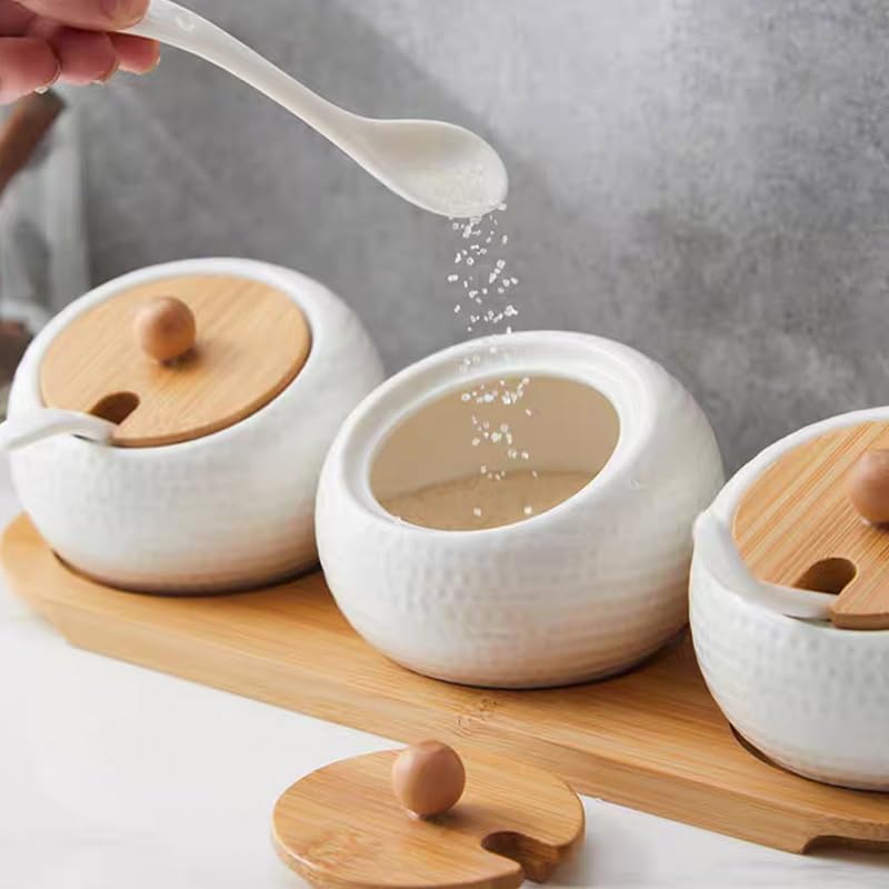 Ceramic Spice Jar Set with Bamboo Lids, Tray, and Ceramic Spoons