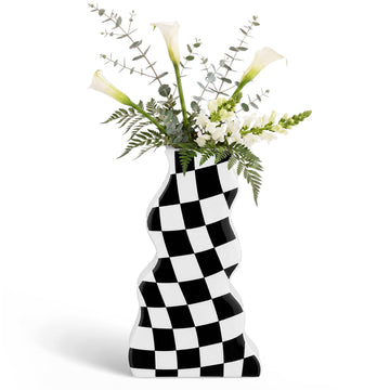 Black White Checkered Wavy Ceramic Decorative Vase for Wall or Tabletop