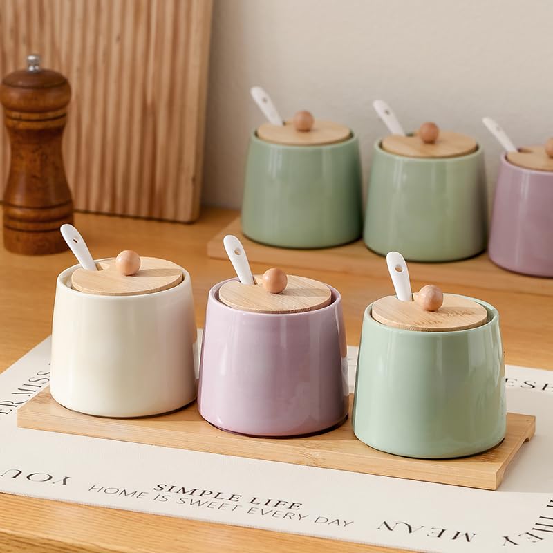 Ceramic Sugar, Salt, and Pepper Jar Set with Bamboo Tray and Spoons