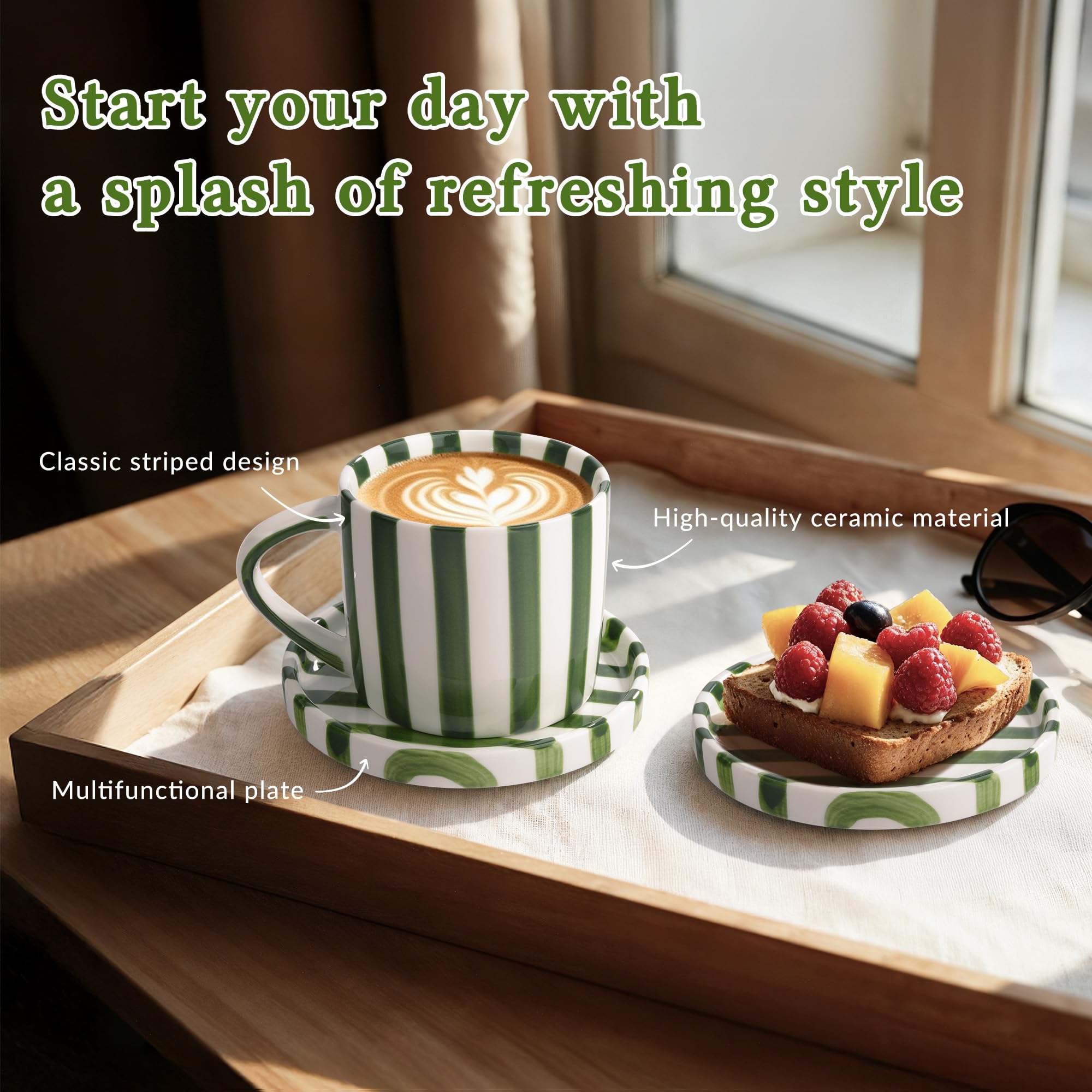 9-Ounce Hand-Painted Green Striped Espresso Cup and Saucer Set