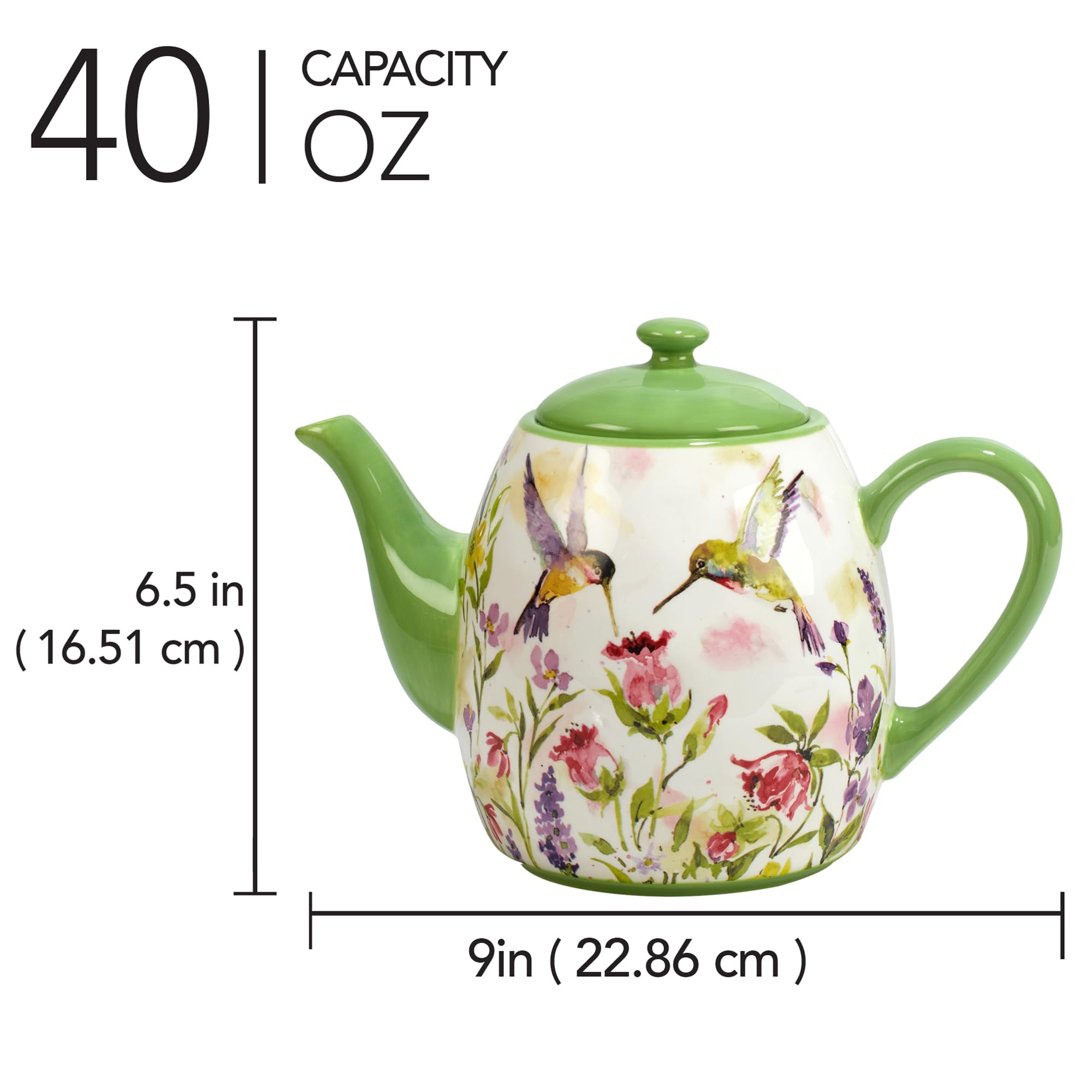 40-Ounce Hummingbirds Watercolor Floral Ceramic Teapot