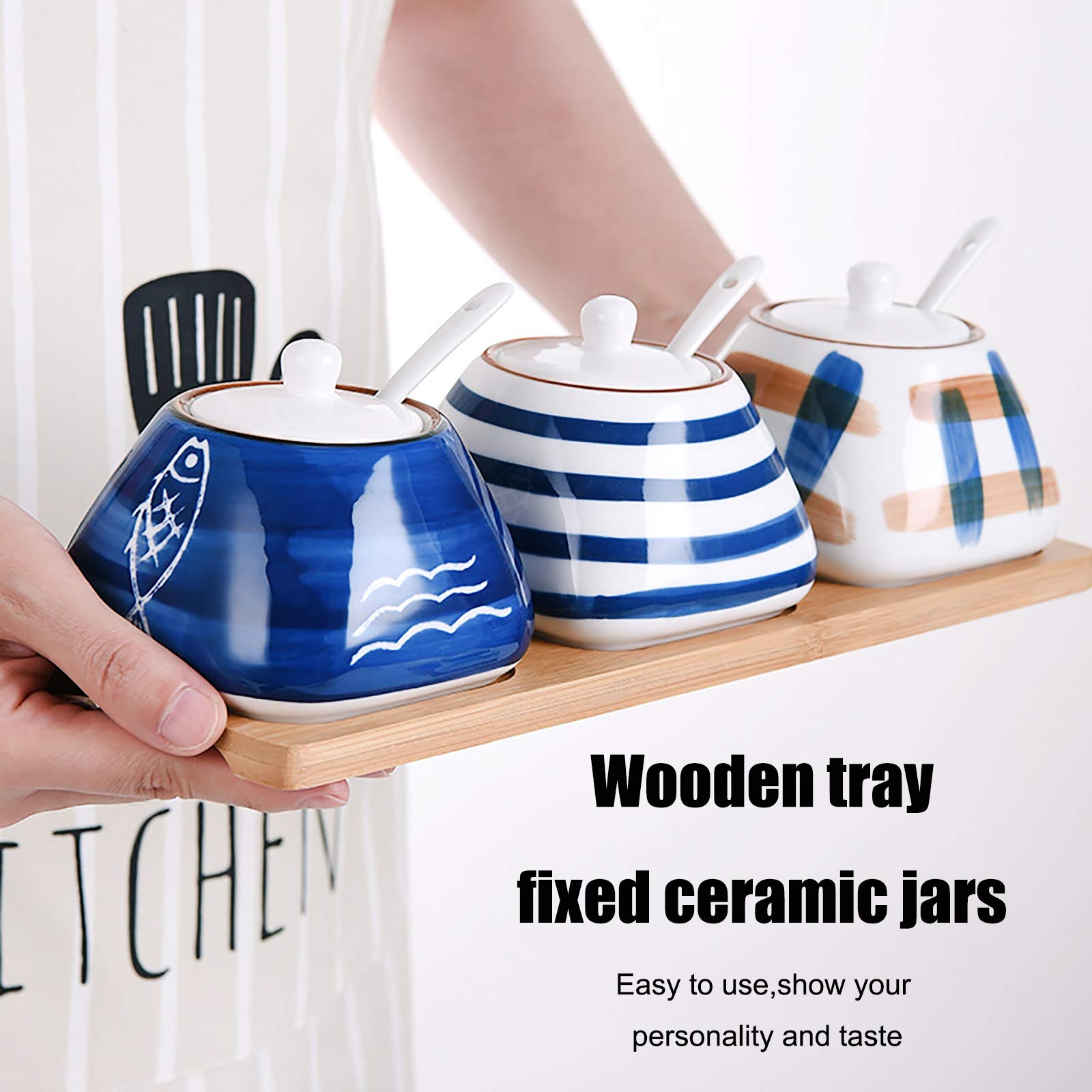 Ceramic Spice Jar Set with Bamboo Tray and Ceramic Spoons