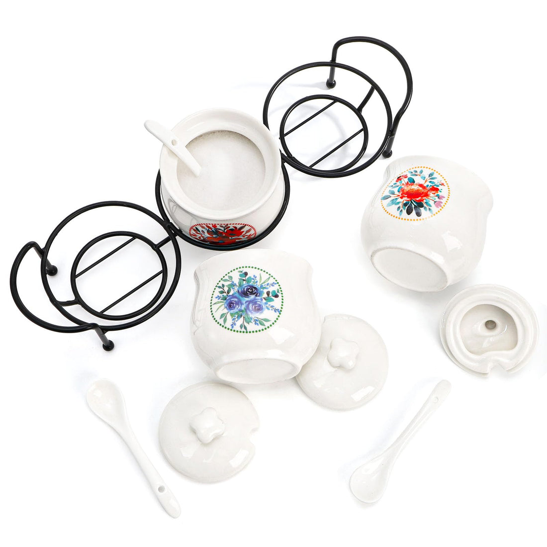 7-Ounce Ceramic Condiment Jar Set with Vintage Floral Design and Iron Rack
