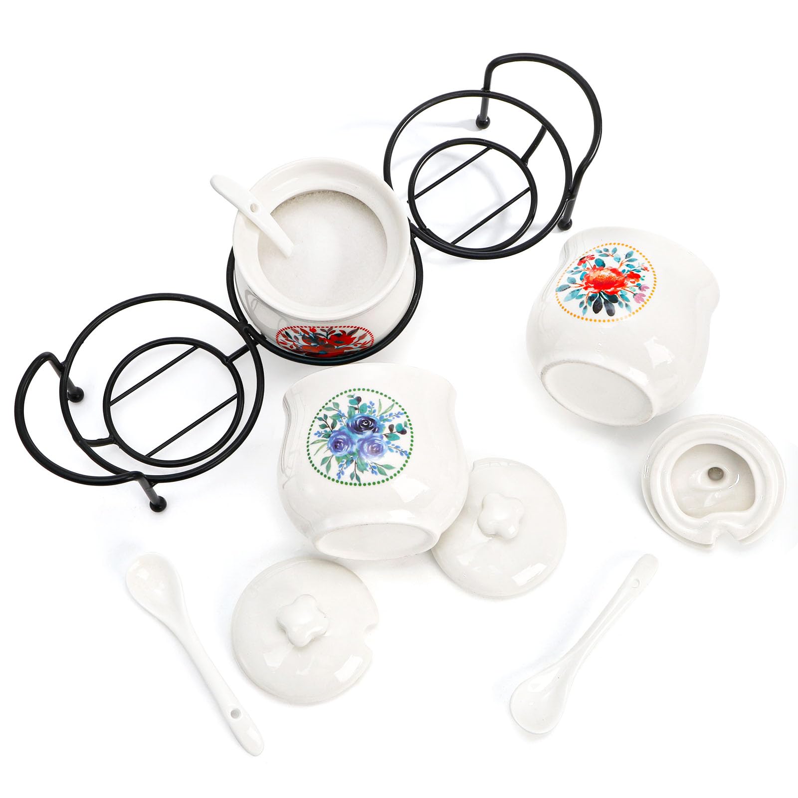 7-Ounce Ceramic Condiment Jar Set with Vintage Floral Design and Iron Rack