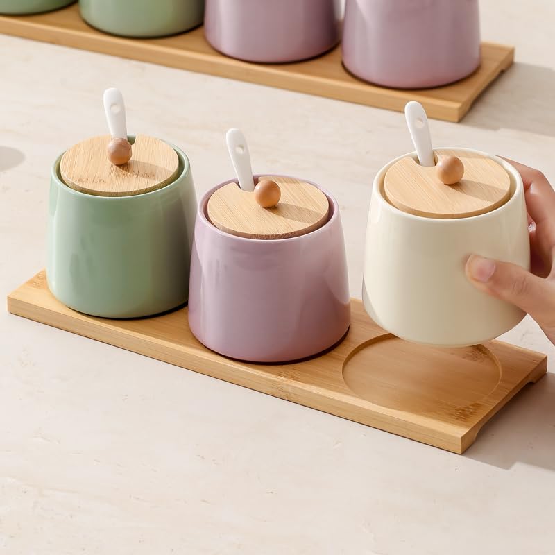 Ceramic Sugar, Salt, and Pepper Jar Set with Bamboo Tray and Spoons
