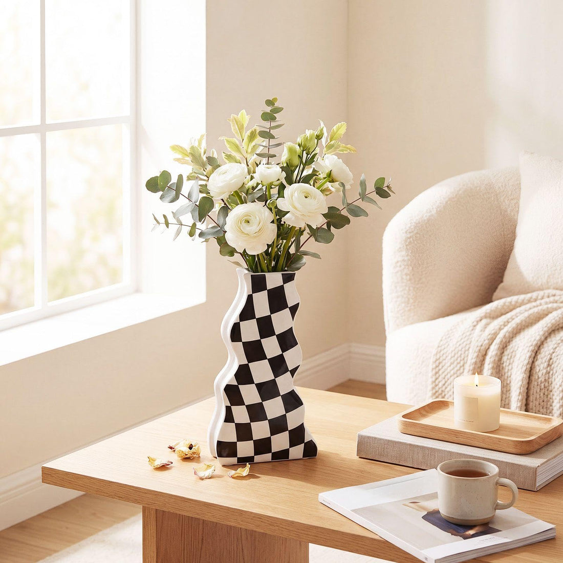 Black White Checkered Wavy Ceramic Decorative Vase for Wall or Tabletop