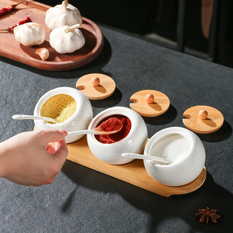 Ceramic Spice Jar Set with Bamboo Lids, Tray, and Ceramic Spoons