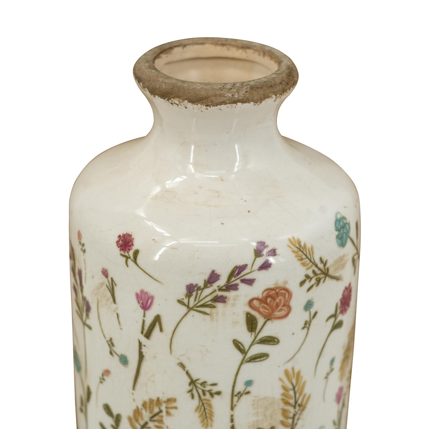 Ceramic Cylinder Vase with Multi-Colored Floral Motifs