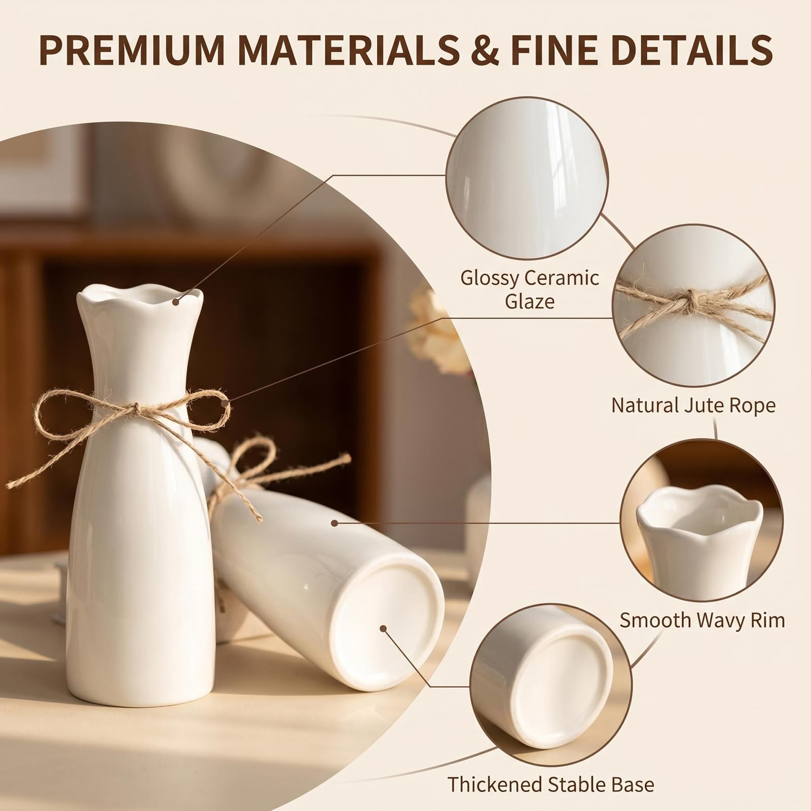 8.27-Inch White Ceramic Vase with Jute Rope and Scalloped Edge