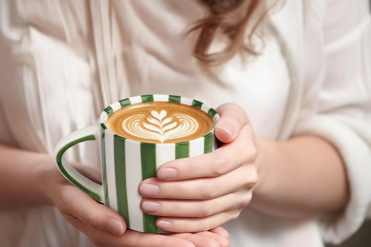 9-Ounce Hand-Painted Green Striped Espresso Cup and Saucer Set