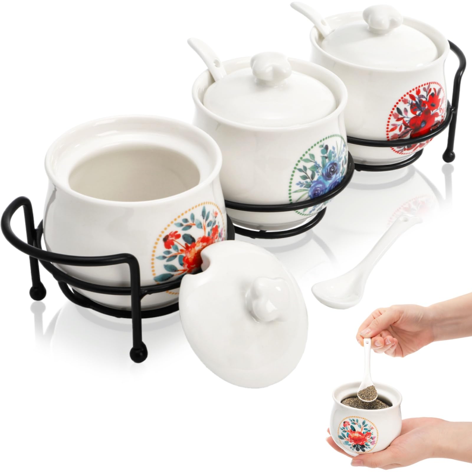 7-Ounce Ceramic Condiment Jar Set with Vintage Floral Design and Iron Rack