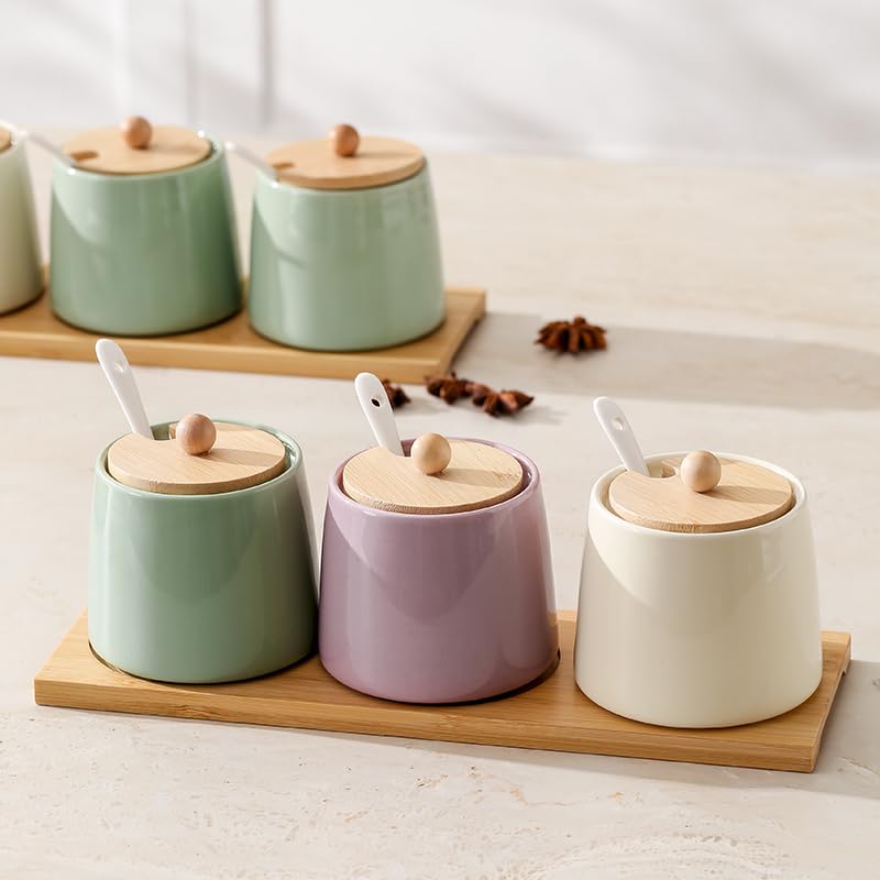 Ceramic Sugar, Salt, and Pepper Jar Set with Bamboo Tray and Spoons