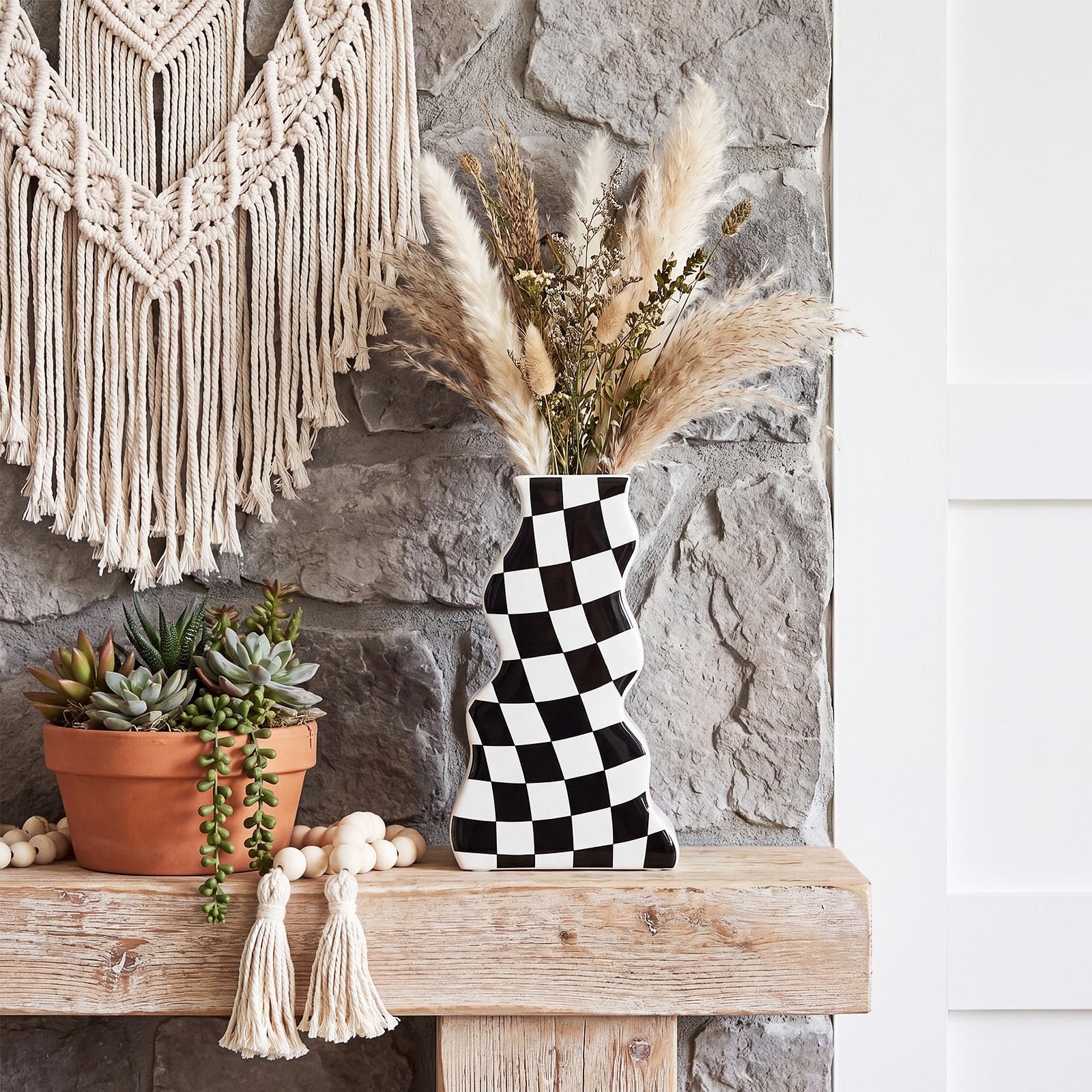 Black White Checkered Wavy Ceramic Decorative Vase for Wall or Tabletop