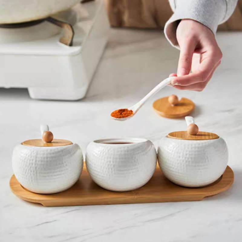 Ceramic Spice Jar Set with Bamboo Lids, Tray, and Ceramic Spoons